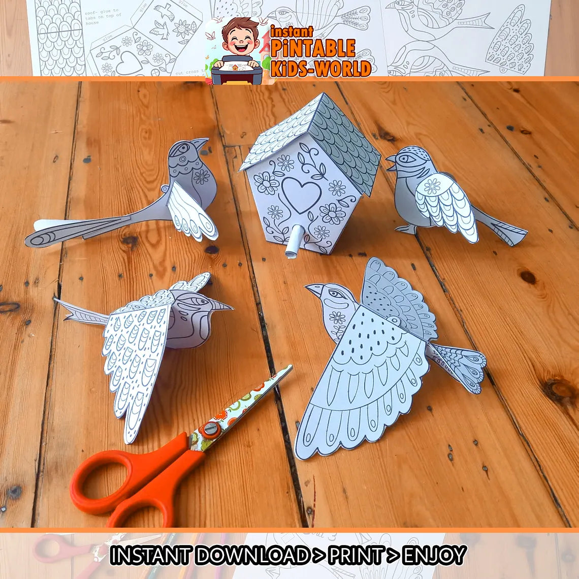 3D Paper Birds - Fun Printable Coloring and Craft for Kids – Creative Instant Activity at Your Fingertips!